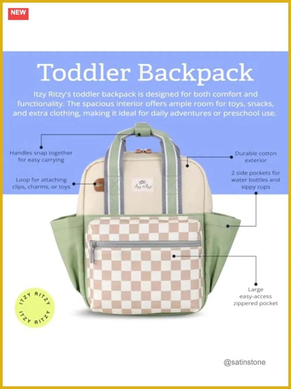 Toddler Daycare Backpack with Adjustable Straps, Wipeable Lining & Name Label